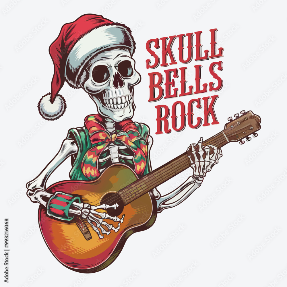Fototapeta premium Skull Bells Rock T Shirt Design. Funny Christmas Skeleton Design