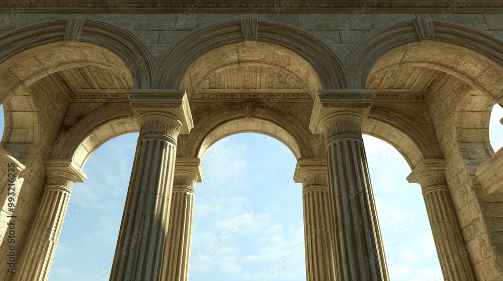 Fototapeta premium Three architectural frames stand in the center of the pillar.