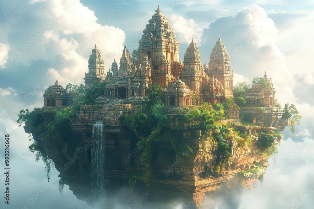 Obraz premium Floating island with ancient temple, fantasy, vivid colors, digital painting