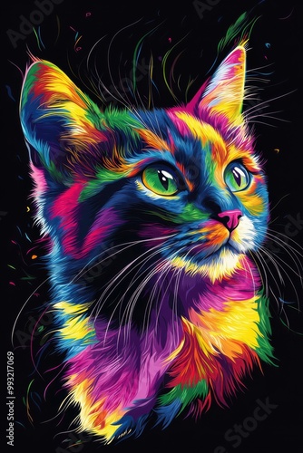 Colorful Cat Head Vector on Black