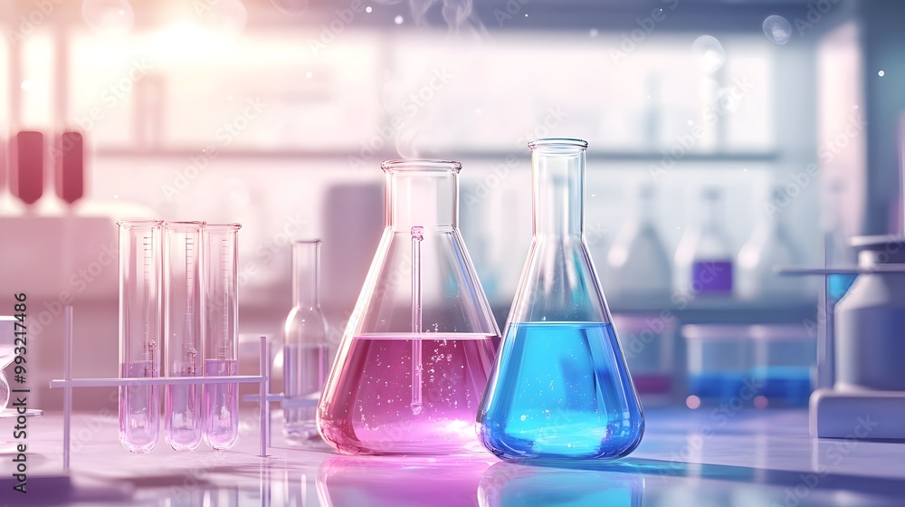 Two Erlenmeyer Flasks Filled with Pink and Blue Liquids in a Laboratory Setting Two Erlenmeyer Flasks Filled with Pink and Blue Liquids in a Laboratory Setting