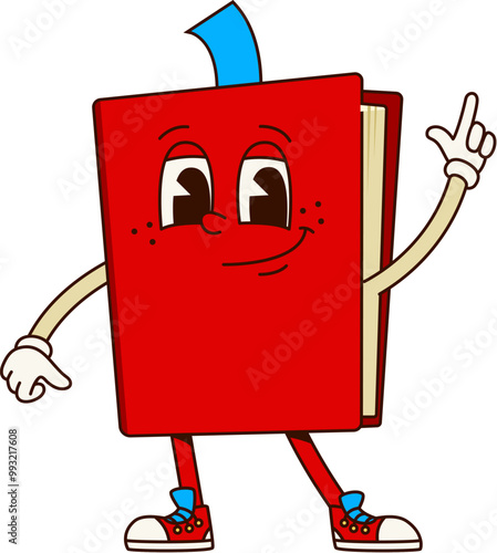 Book groovy character, cartoon retro textbook showing pointing gesture with finger up. Isolated vector lively red book personage takes attention with big expressive eyes and a cheerful friendly smile