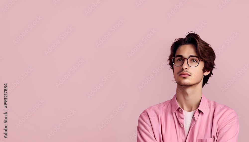 Portrait of a jaded young caucasian man isolated on pink background with copy space