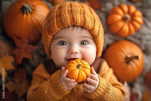 Cute little baby boy wearing yellow and brown sweater holding small freshly harvested pumpkin and beaing very happy and cheerful. Thanksgiving day concept. Generative Ai photo