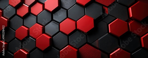 Panel kuchenny z motywem Red and black hexagonal abstract background with 3D texture pattern for modern digital or phone wallpaper.