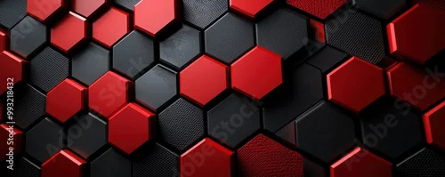 Obraz  z motywem Red and black hexagonal abstract background with 3D texture pattern for modern digital or phone wallpaper.