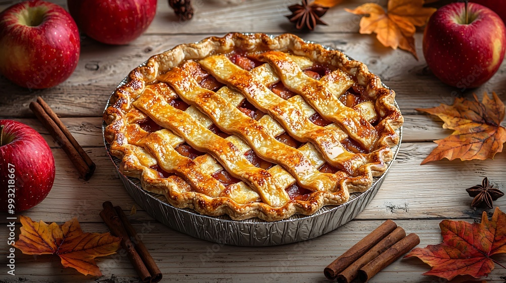 A cozy autumn scene featuring a golden apple pie surrounded by colorful fall leaves and fresh apples, perfect for Thanksgiving and Halloween celebrations. A cozy autumn scene featuring a golden apple pie surrounded by colorful fall leaves and fresh apples, perfect for Thanksgiving and Halloween celebrations.