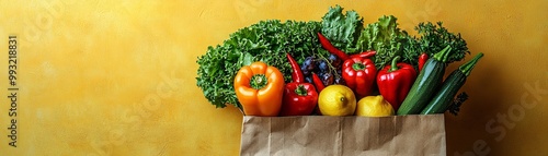 A vibrant paper bag overflowing with fresh fruits and vegetables, perfect for Thanksgiving feasts and Halloween celebrations, highlighting abundance and health.