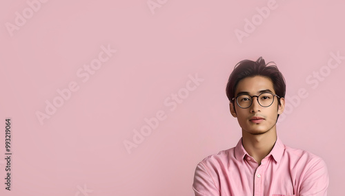 Portrait of a jaded young asian man isolated on pink background with copy space