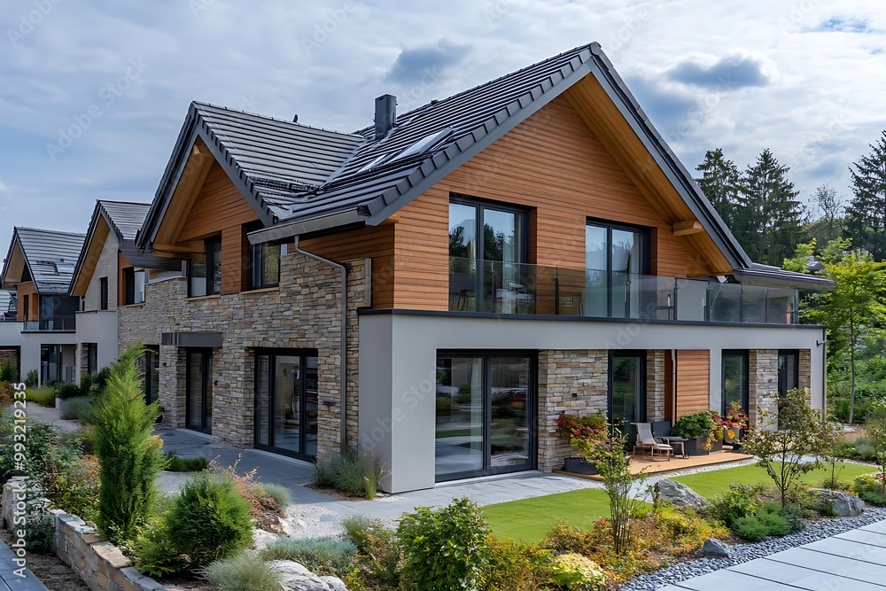 Modern Home Exterior Photo - Contemporary House with Stone and Wood Facade, Balcony, Landscaped Garden Modern Home Exterior Photo - Contemporary House with Stone and Wood Facade, Balcony, Landscaped Garden