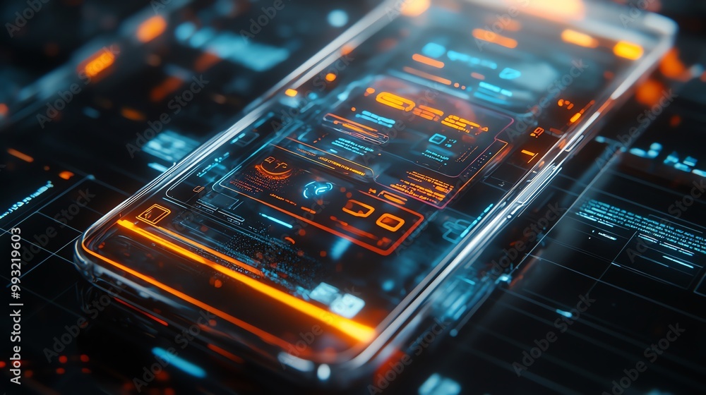 Obraz premium A futuristic transparent smartphone with glowing blue and orange interface.