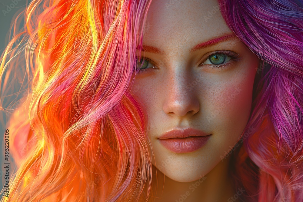 A young woman with vibrant pink and orange hair in soft sunlight A young woman with vibrant pink and orange hair in soft sunlight