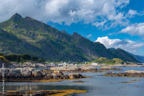 Landscape near Sorvagen with rocky coast on Vestfjord. Lofoten district in Norway photo