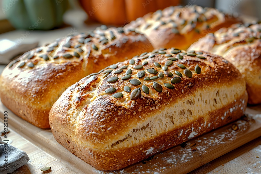 Freshly baked pumpkin seed loaves on a wooden board in autumn Freshly baked pumpkin seed loaves on a wooden board in autumn