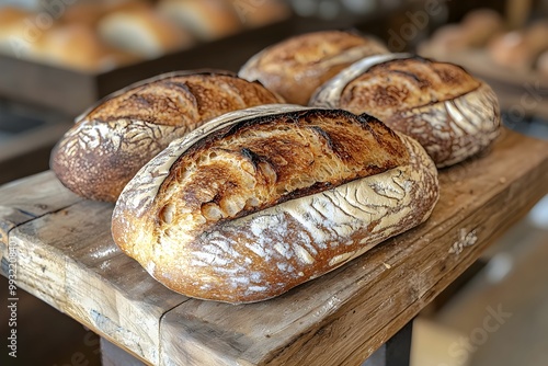 Freshly baked artisan loaves on a rustic wooden counter