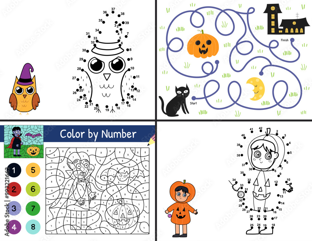 Naklejka premium Halloween activity pages set for kids. Funny games collection in US Letter format. Color by number, dot to dot and maze templates bundle with spooky characters. Vector illustration