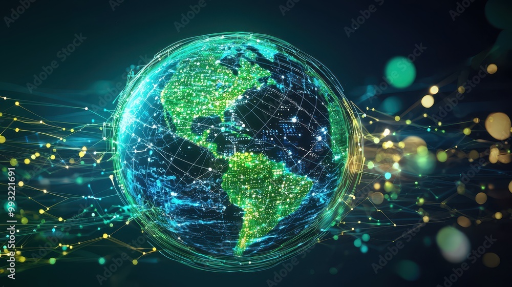 A visual representation of the Earth with digital data flowing around it, symbolizing the global impact of green investing and environmentally conscious decisions A visual representation of the Earth with digital data flowing around it, symbolizing the global impact of green investing and environmentally conscious decisions