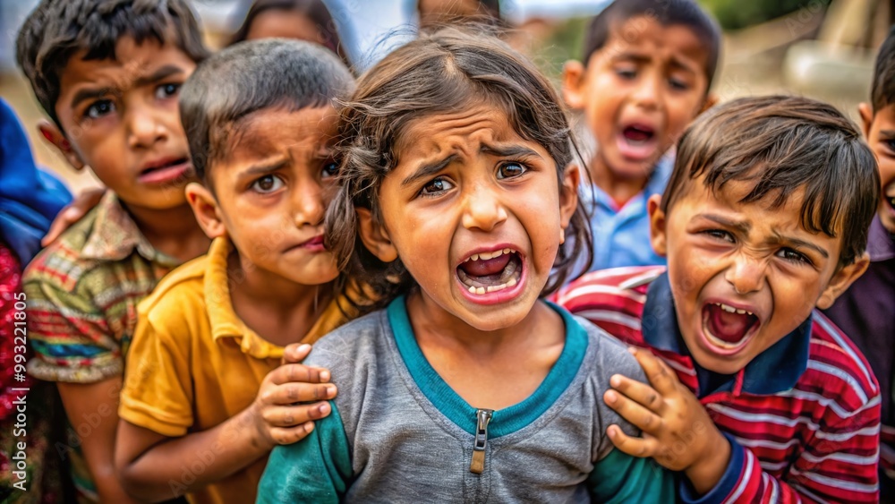Emotional scene of upset children expressing feelings of sadness and frustration in a playful setting Emotional scene of upset children expressing feelings of sadness and frustration in a playful setting