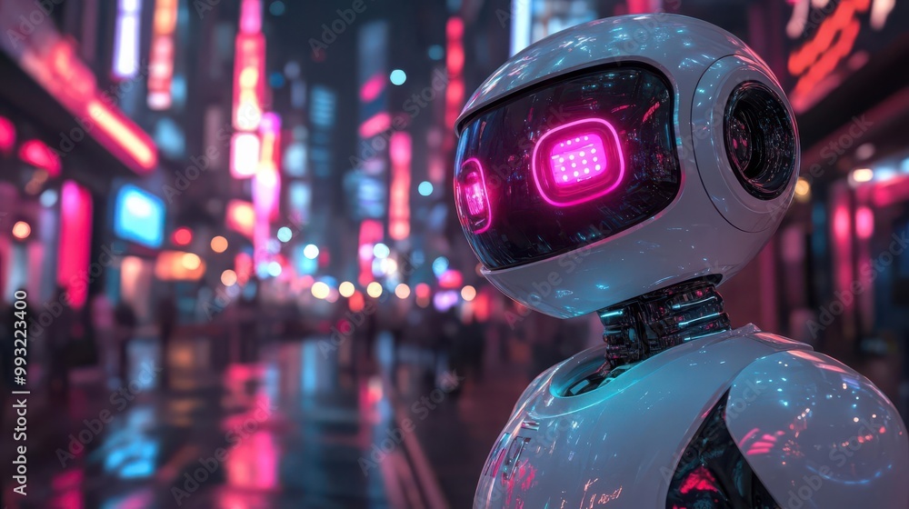 Retro scifi robot in a futuristic city, pop art, bright colors, digital painting Retro scifi robot in a futuristic city, pop art, bright colors, digital painting