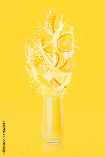 Orange juice in drinking glass with flying orange pieces, drops, splashes, flows of juice in motion on yellow background. Fresh yellow cocktail for advertising, label product, branding, flyer, card.