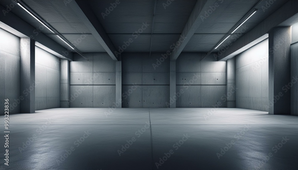 The basement room on the bottom floor of the building's parking lot is empty in an industrial cast concrete style. Abstract modern minimal background