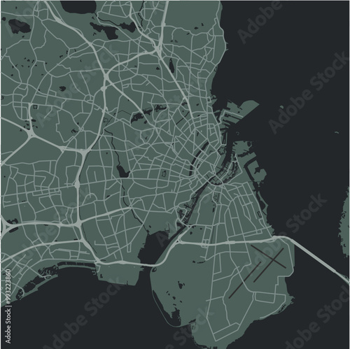 Map of Copenhagen in Denmark in a smooth dark style. Contains layered vector with roads water, parks, etc.
