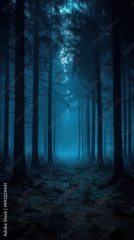 Fototapeta premium Mysterious Dark Forest with Foggy Atmosphere