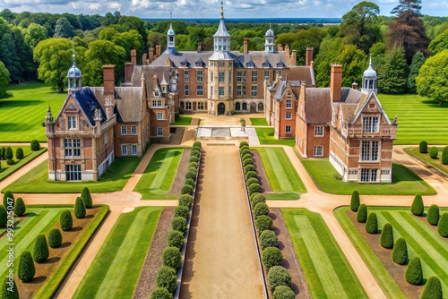 grand, heritage,Blickling Hall, facade, aerial view, stately home, architecture, driveway, National Trust, Aerial view of Blickling Hall facade and driveway in Norfolk England