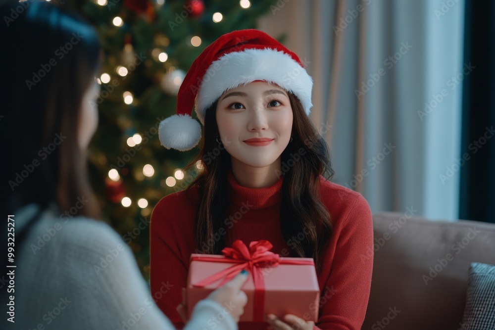 Beautiful two asian women wearing hats and red Santa Claus holding gifts with a Christmas tree. Concept of Christmas holiday, celebrating joyfully with friends. Beautiful two asian women wearing hats and red Santa Claus holding gifts with a Christmas tree. Concept of Christmas holiday, celebrating joyfully with friends.