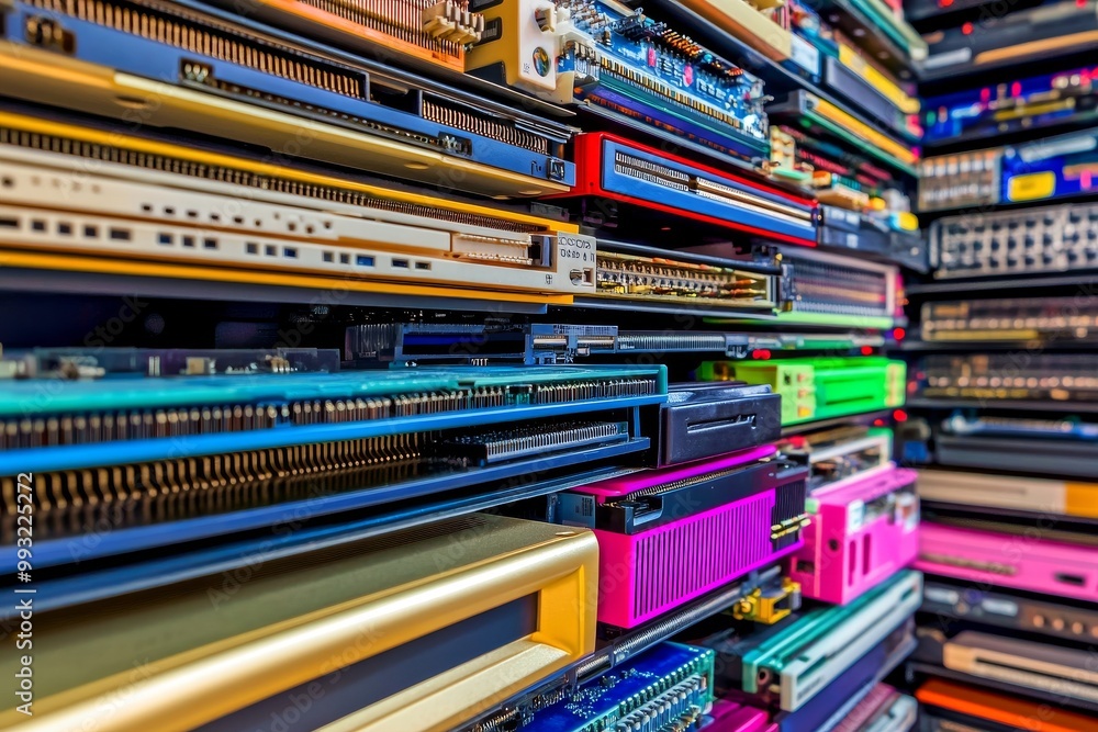 An old computer motherboard. A pile of obsolete hardware and electronic equipment. The focus is in the middle. An old computer motherboard. A pile of obsolete hardware and electronic equipment. The focus is in the middle.