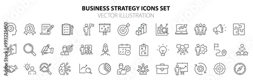 Business strategy set of web icons in line style. Business solutions icons for web and mobile app. Action List, research, solution, team, marketing, startup, advertising, business process, management