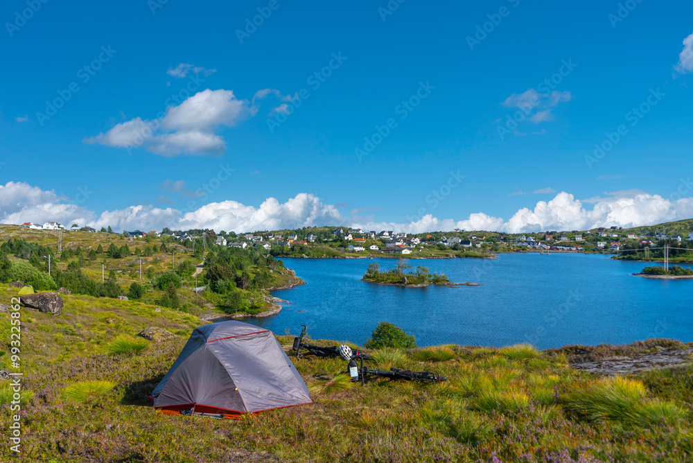 View from Munkebu-stig of Sorvagen and Lake Sorvagsvatn. Lofoten district in Norway View from Munkebu-stig of Sorvagen and Lake Sorvagsvatn. Lofoten district in Norway