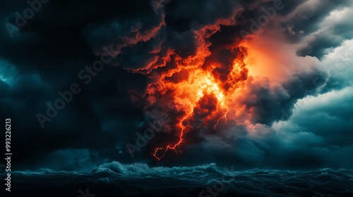 Wallpaper Mural Dramatic storm clouds illuminated by lightning and fiery orange hues over turbulent waters. Torontodigital.ca