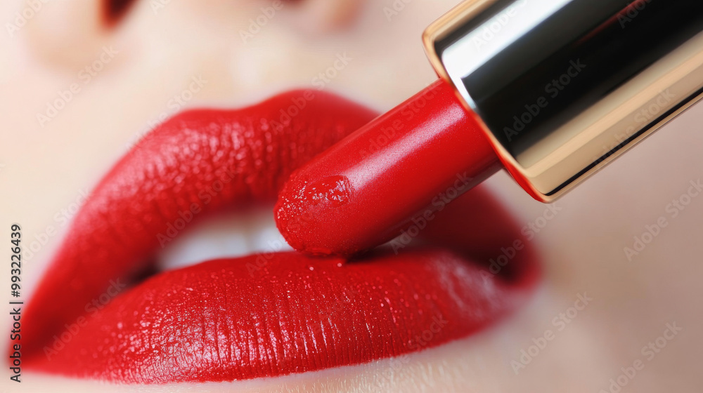 Obraz premium A close-up view of a person applying vibrant red lipstick, showing smooth, glossy lips and the lipstick tube in detail.