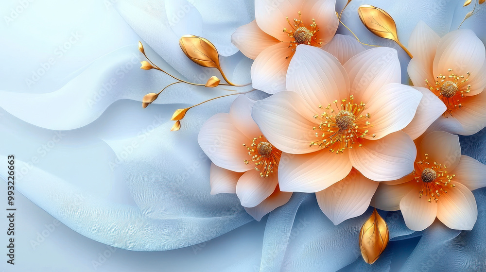 Fototapeta premium Elegant Floral Decoration on Silk Background for 3D Aesthetic Wallpaper, Soft Peach Blossom Arrangement with Golden Motifs