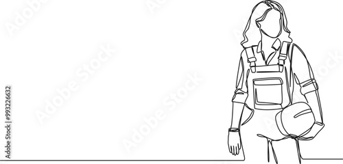 continuous single line drawing of female construction worker holding hard hat in hand, line art vector illustration