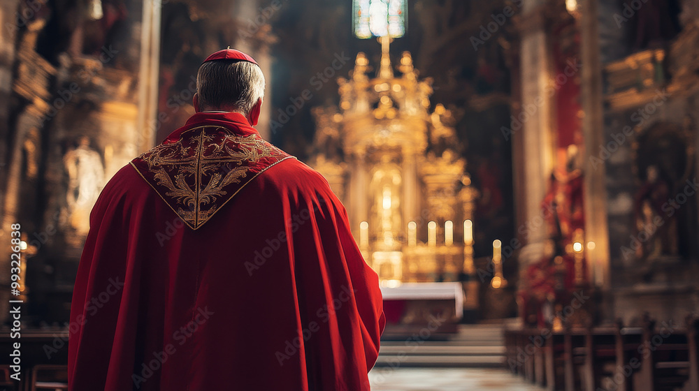 A cardinal dressed in ornate red robes stands before a golden altar inside a grand church, symbolizing faith and tradition.
A cardinal dressed in ornate red robes stands before a golden altar inside a grand church, symbolizing faith and tradition.