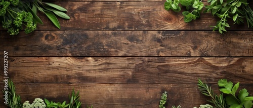 Fresh herbs like rosemary, cilantro, and basil arranged on a dark wood board, with space for text on the right. Natural, rustic vibe.