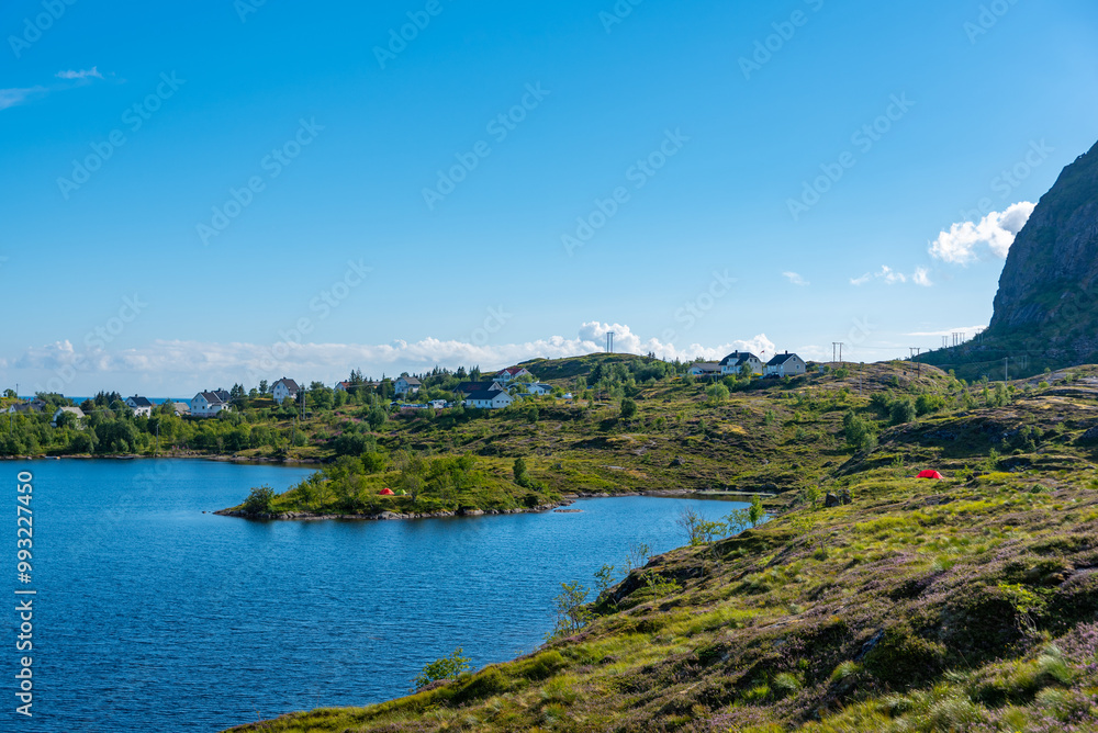 Naklejka premium Landscape with lake Sorvagvatnet near Sorvagen. Lofoten district in Norway