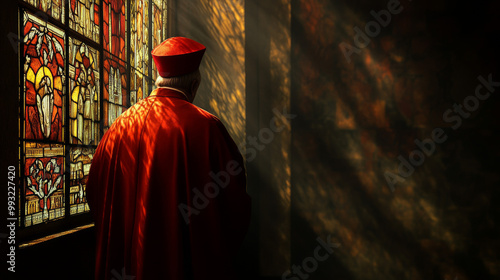 A cardinal dressed in a red robe stands by a vibrant stained glass window, illuminated by soft sunlight, creating a contemplative and reverent scene.
 photo