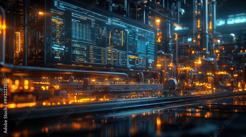 Fototapeta premium Futuristic Industrial Interior with Glowing Displays