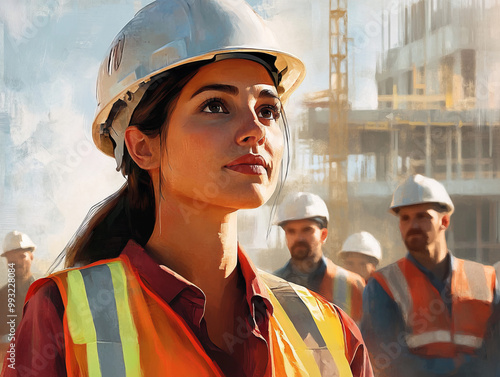 beautiful Female construction worker supervising a project with focus.