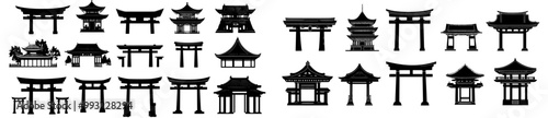 Collection of Japanese traditional gates. Black silhouette icon symbol for torii gates. Torii gate castle design in modern style.