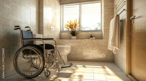 A wheelchair is positioned in a bright, modern bathroom designed for accessibility, highlighting practical and stylish features for independent living.
