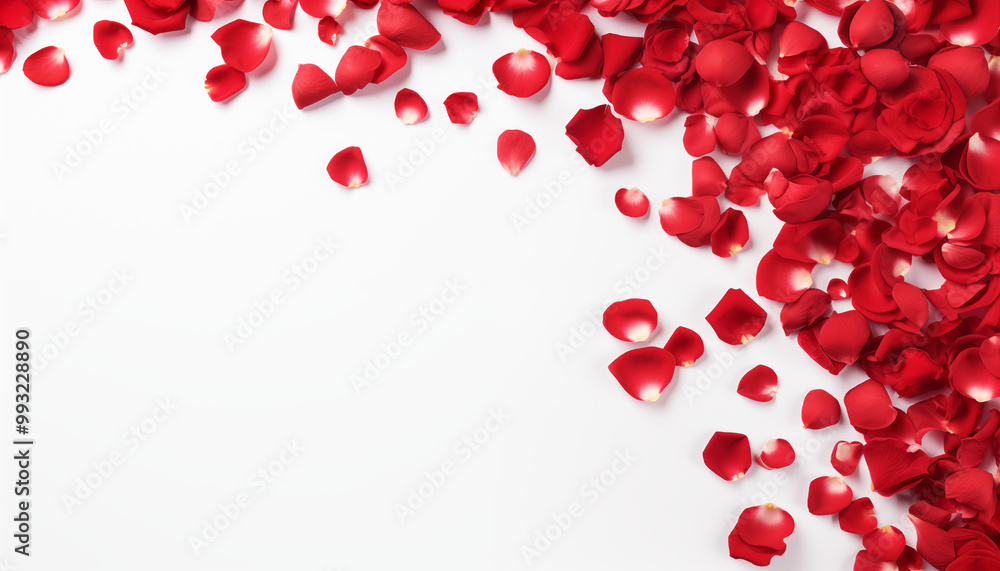 Red Rose Petals Scattered Elegantly Across White Background Red Rose Petals Scattered Elegantly Across White Background