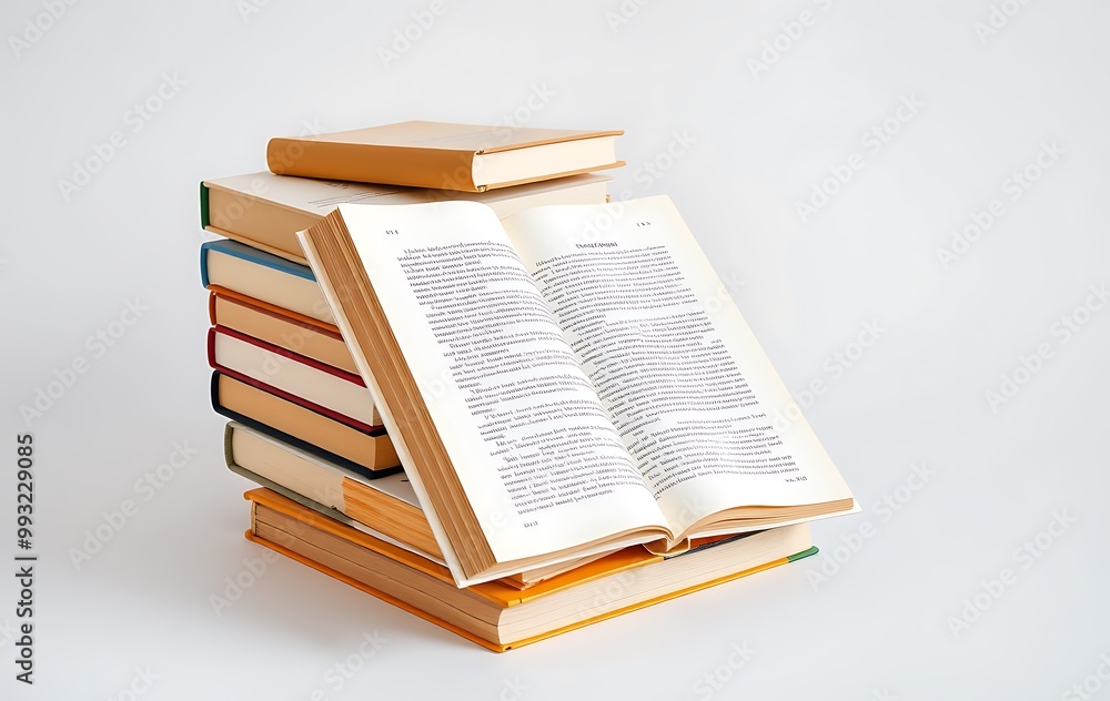 Obraz premium pile of books with one book open on white background, place for text 
