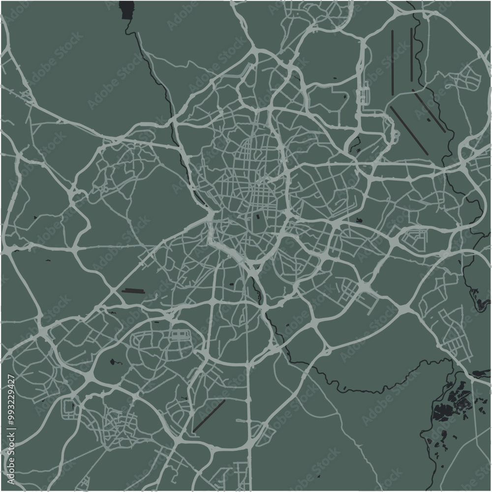 Map of Madrid in Spain in a smooth dark style. Contains layered vector with roads water, parks, etc. Map of Madrid in Spain in a smooth dark style. Contains layered vector with roads water, parks, etc.