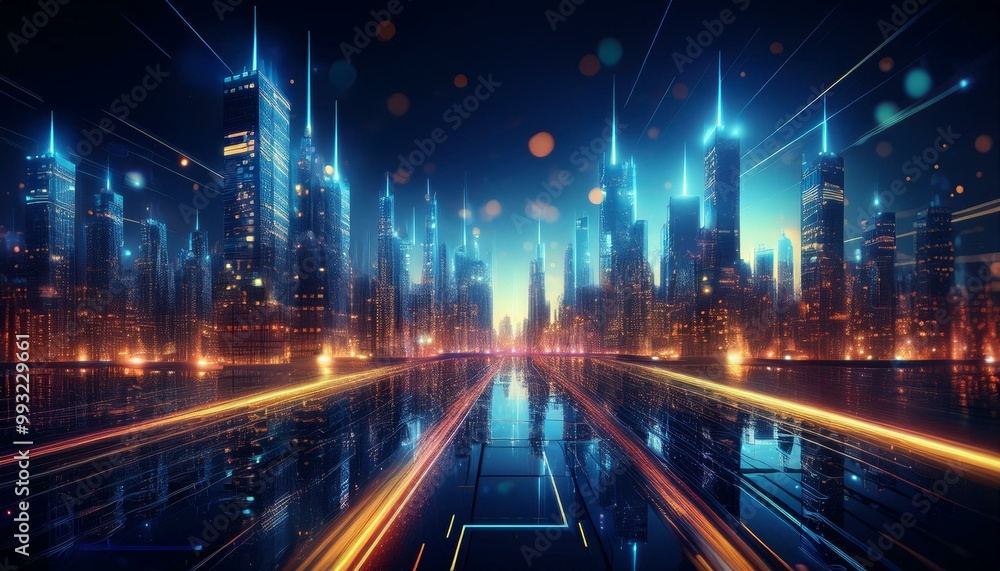 energy consumption, lights in the city. technologically city with illuminated skyscrapers. Night view. energy concept energy consumption, lights in the city. technologically city with illuminated skyscrapers. Night view. energy concept