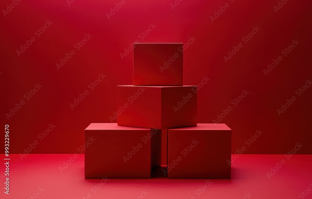 Minimalistic composition of three stacked cubes on a red background creating a modern and bold visual impact