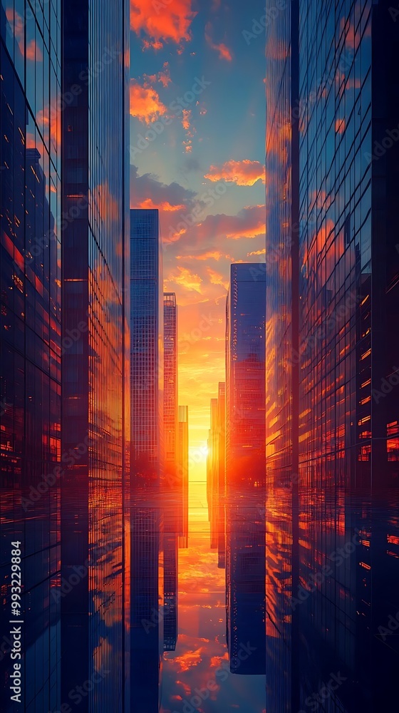Illustration of a Vibrant Sunset Reflected in the Glass of Modern City Skyscrapers Illustration of a Vibrant Sunset Reflected in the Glass of Modern City Skyscrapers
